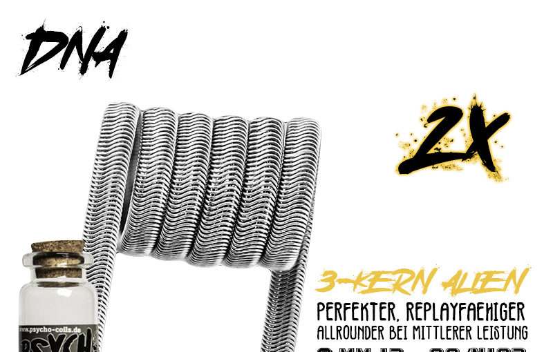 Kaufen Sie handgemachte Replay Alien Coils mit dem Namen Psycho-Coils - DNA - für Akkuträger mit einem DNA-Chipsatz bei Psycho-Coils